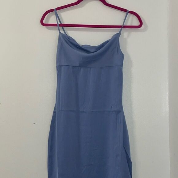 NWT Weworewhat slate blue satin charmeuse slip cowl midi dress spaghetti straps - Picture 4 of 14